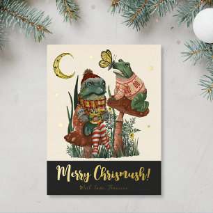 Black Mushroom Frog and Toad Merry Christmas   Foi Foil Holiday Postcard
