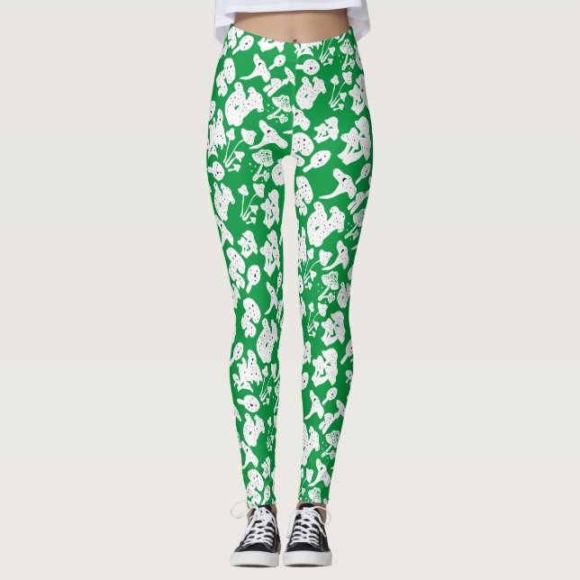 Black mushroom pattern 01b Green BG Leggings (Front)