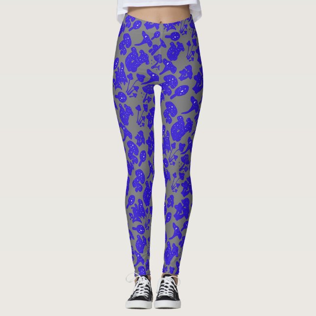 Black mushroom pattern 01blue Grey BG Leggings (Front)