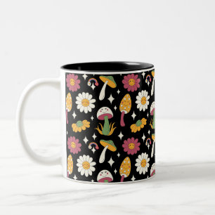 Black Mushroom, Rainbow and Daisies Pattern Two-Tone Coffee Mug