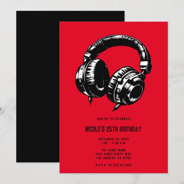 Black Music Headphones Dance DJ Birthday Party Invitation (Front/Back)