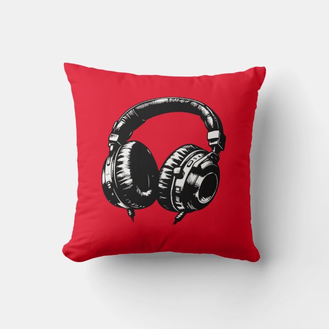 Black Music Headphones DJ  Cushion (Front)