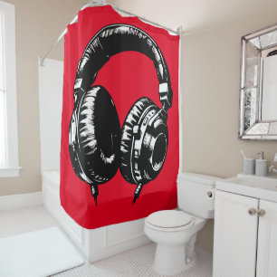 Black Music Headphones DJ Shower Curtain