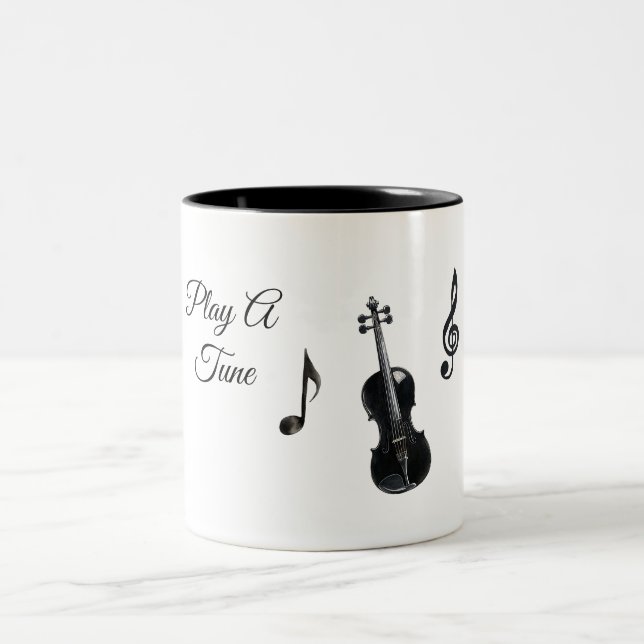 Black Music Notes Violin Two-Tone Coffee Mug (Center)