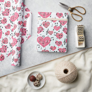 Black Musical and red hearts Wrapping Paper