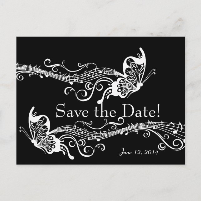 Black Musical Butterflies Save the Date Announcement Postcard (Front)