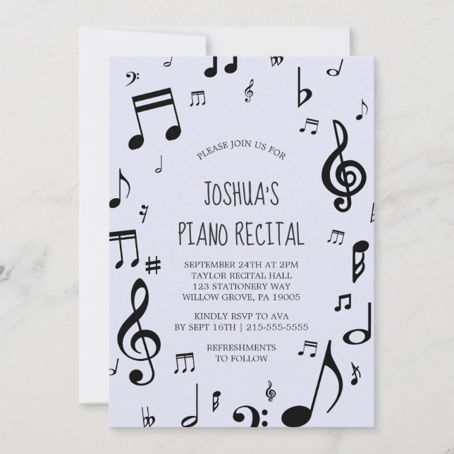 Black Musical Note Piano Recital Invitation (Front)