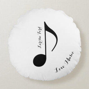 black musical-note with custom name round cushion