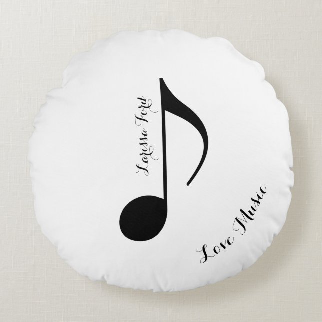 black musical-note with custom name round cushion (Front)