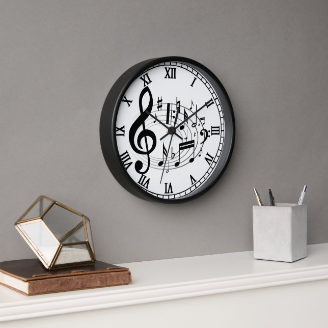 Black Musical Notes in Oval Shape designer clock (Office)