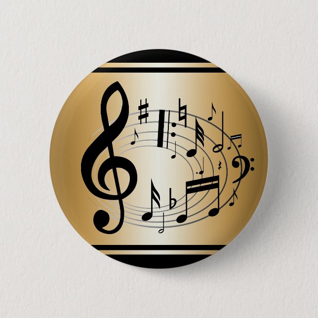 Black musical notes in oval shape on gold 6 cm round badge (Front)