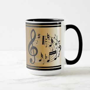 Black musical notes in oval shape on gold mug