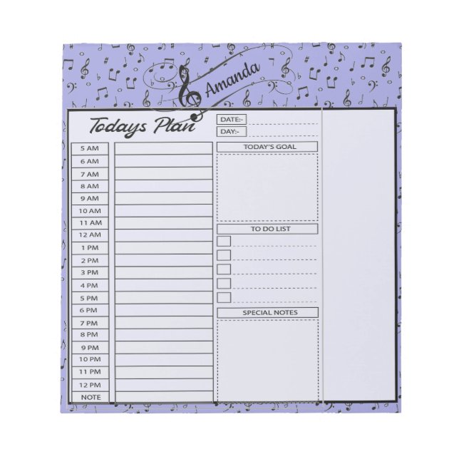 Black Musical personalised day planner Notepad (Front)