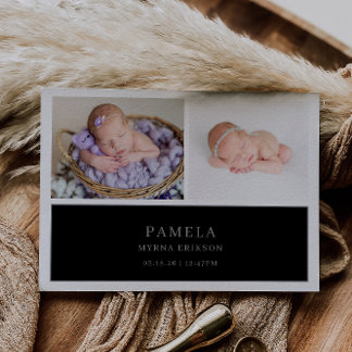Black Muted Gray Chic Baby Photo Announcement Card