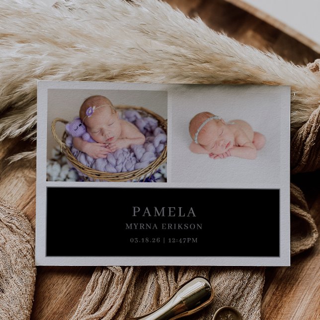 Black Muted Gray Chic Baby Photo Announcement Card (Creator Uploaded)