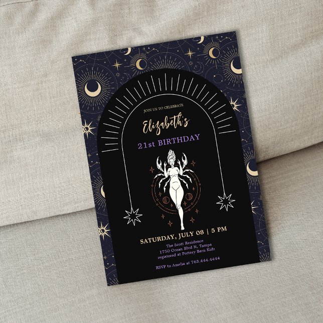 Black Mystic Cancer Zodiac 21st Birthday  Invitation (Black Mystic Cancer Zodiac 21st Birthday Invitation)