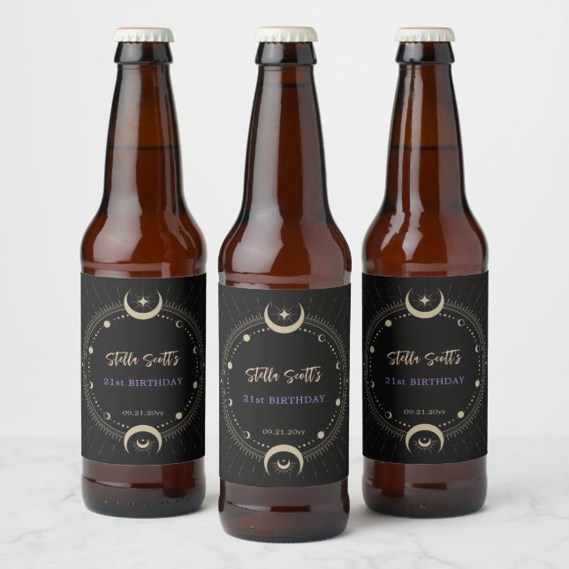 Black Mystic Celestial Moon 21st Birthday  Beer Bottle Label (Bottles)