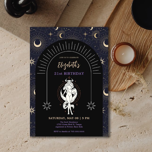 Black Mystic Taurus Zodiac 21st Birthday  Invitation (Black Mystic Taurus Zodiac 21st Birthday Invitation)