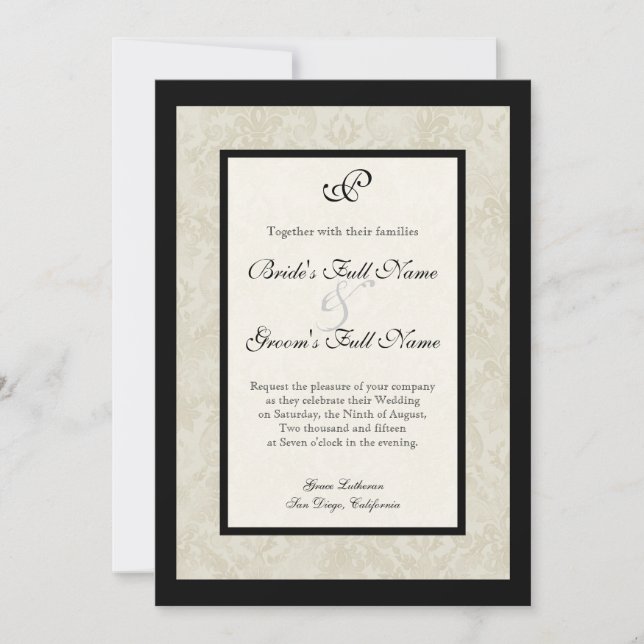 Black n Cream Fleur de Lis Damask Wedding Invitation (Front)