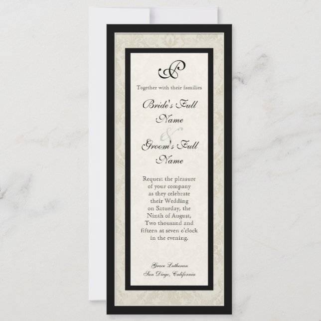 Black n Cream Fleur de Lis Damask Wedding Invitation (Front)
