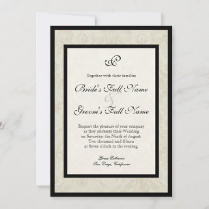 Black n Cream Fleur de Lis Damask Wedding Invitation