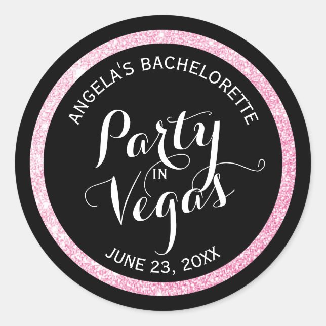 Black n Pink Glitter Party in Vegas Bachelorette Classic Round Sticker (Front)
