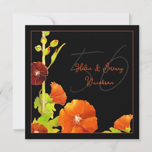 Black n Red Floral 50th Golden Wedding Anniversary Invitation (Front)
