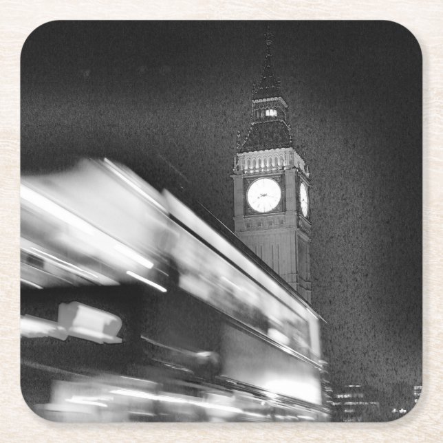 Black-n-White Big Ben - Double Decker Bus - London Square Paper Coaster (Front)