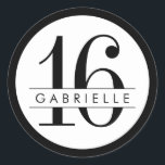 Black n White Border Birthday Favour Sticker Label<br><div class="desc">Bold and colourful round customisable birthday age and name text sticker favour label. Great accent for elegant and modern Bat Mitzvah celebrations,  sweet sixteen,  16th birthday parties,  Quinceaneras,  baby showers,  bridal showers,  and weddings. Visit the Paper Grape Zazzle shop for coordinating party goods,  stationery,  and invitations.</div>