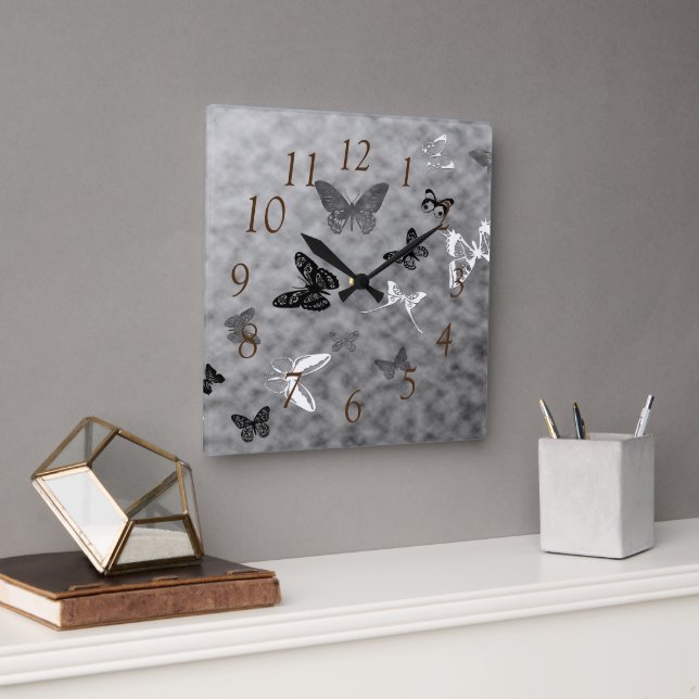Black n White Butterflies Square Wall Clock (Office)