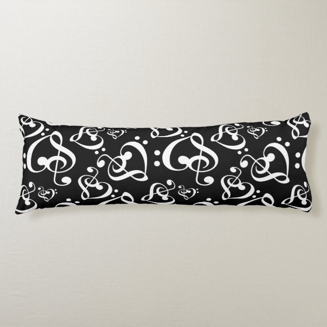 Black N White Clef Hearts Pattern Music Notes Body Cushion (Front)