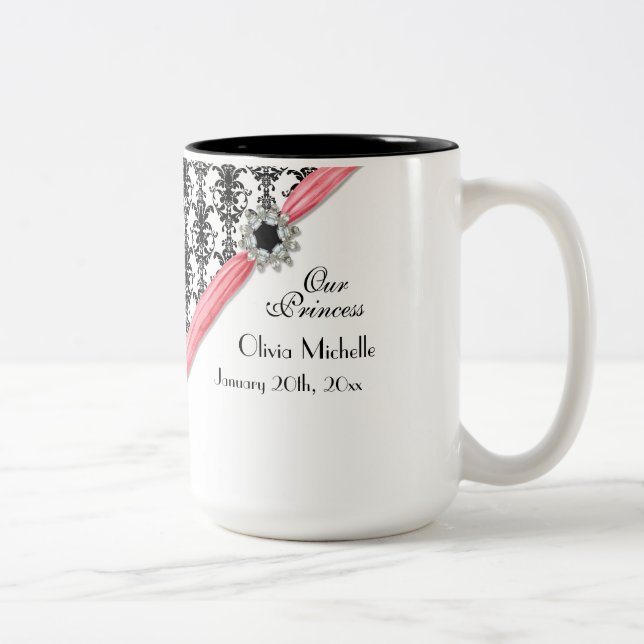Black n White Damask Jewel Ribbon Baby Girl Two-Tone Coffee Mug (Right)