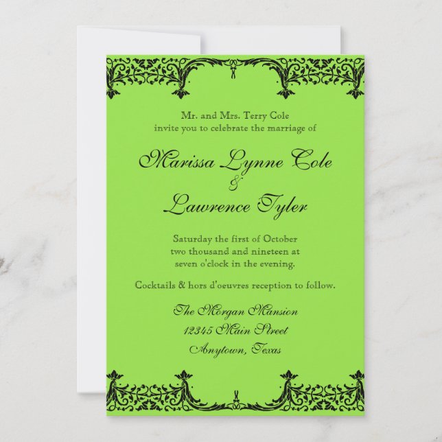Black n White Fleur de Lis Damask Wedding Invitation (Front)