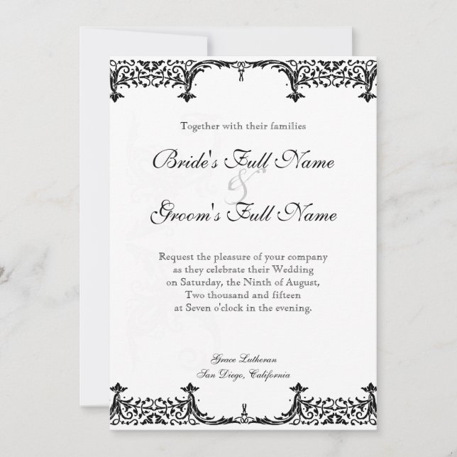Black n White Fleur de Lis Damask Wedding Invitation (Front)
