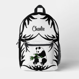 Black N White Giant Panda Eats Bamboo Name Printed Backpack