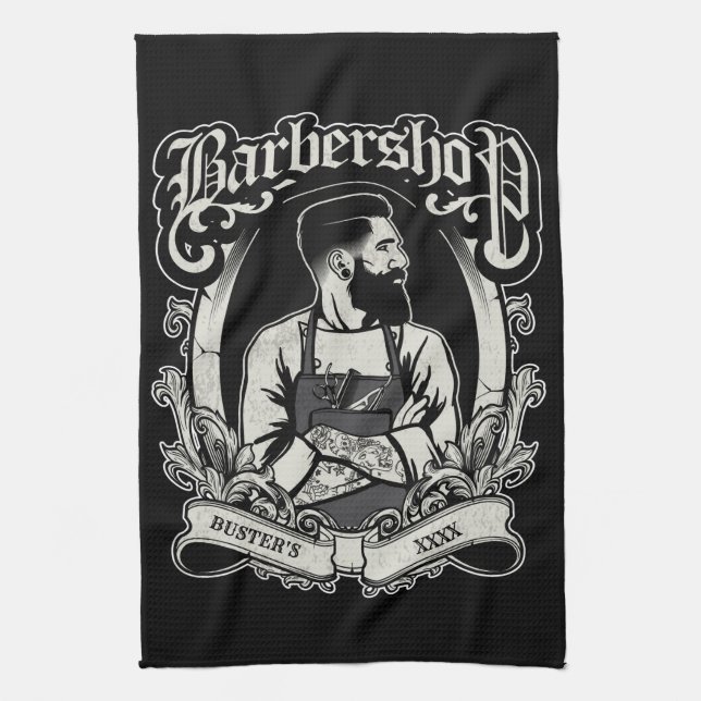 Black-n-White Hipster Barbershop Personalise Tea Towel (Vertical)