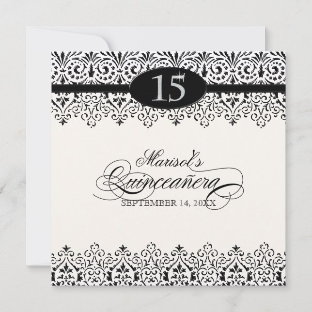 Black n White Lace Look Silver 15th Quinceanera Invitation (Front)