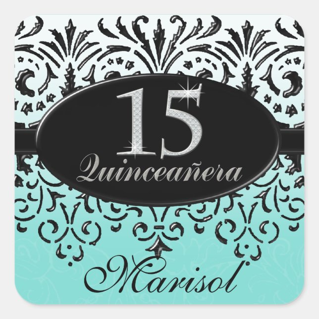 Black n White Lace Look Silver 15th Quinceanera Square Sticker (Front)
