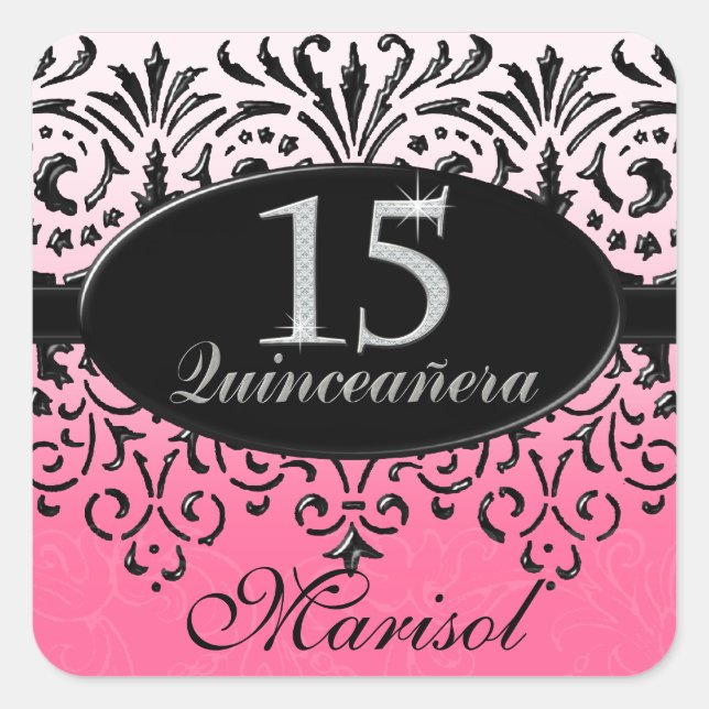 Black n White Lace Look Silver 15th Quinceanera Square Sticker (Front)