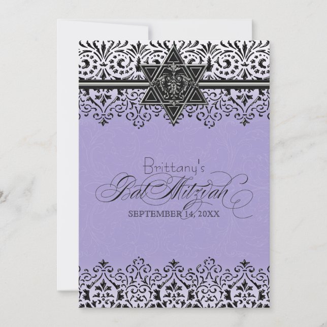 Black n White Lace Look Silver Bat Mitzvah Invite (Front)