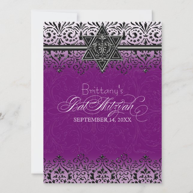 Black n White Lace Look Silver Bat Mitzvah Invite (Front)