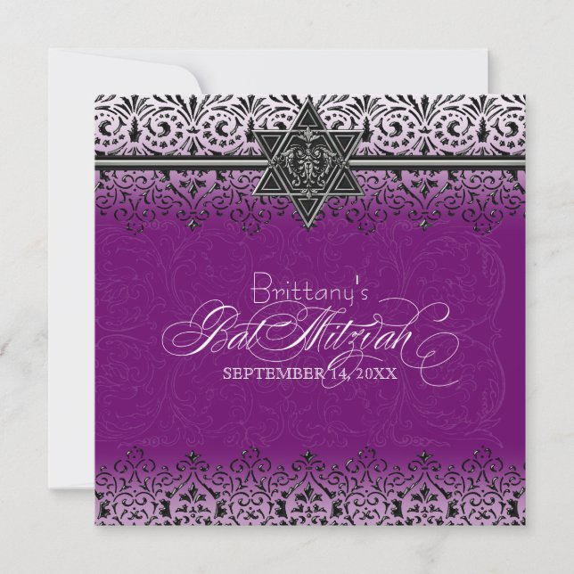 Black n White Lace Look Silver Bat Mitzvah Invite (Front)