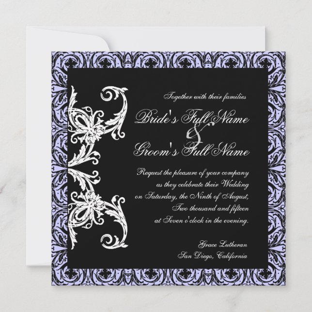 Black n White Lavender Circle Damask Wedding Invitation (Front)