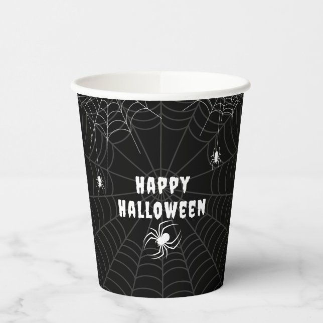 Black nad White Spider Web Happy Halloween Paper Cups (Left)