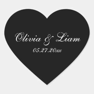 Black Name Date Modern Wedding Heart Sticker