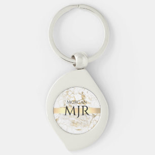 Black Name Large Monogram, White & Gold Marble Key Ring