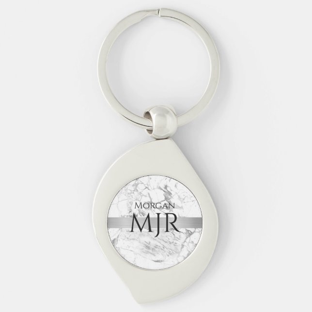 Black Name Large Monogram, White & Grey Marble Key Ring (Front)