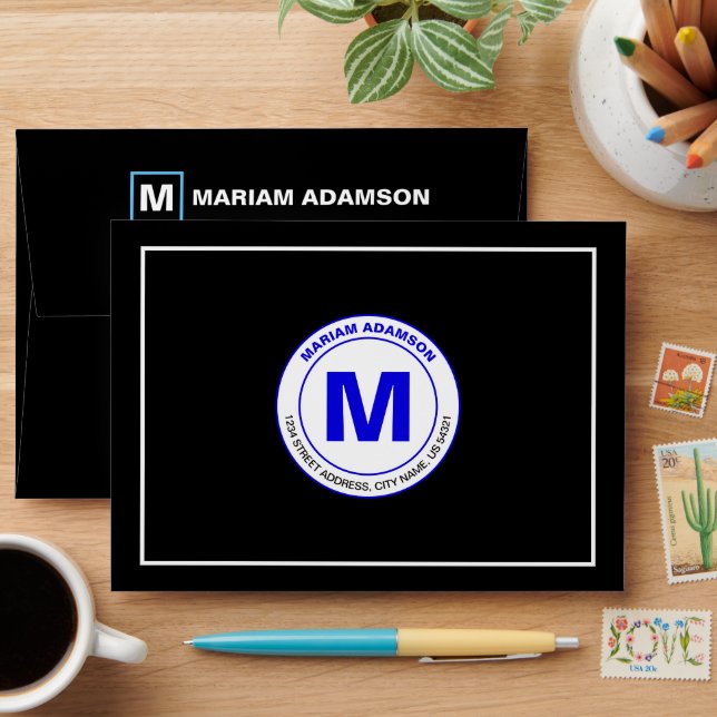 Black Name Monogram Return Address On Back Of Envelope (Desk)