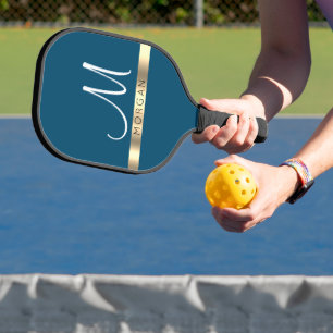 Black Name on Gold Band & Large White Monogram Pic Pickleball Paddle