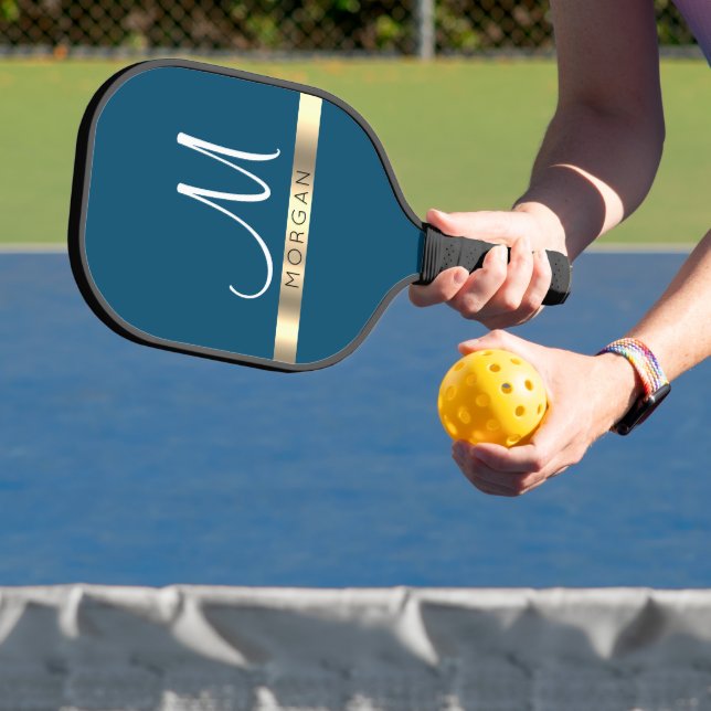 Black Name on Gold Band & Large White Monogram Pic Pickleball Paddle (Insitu)
